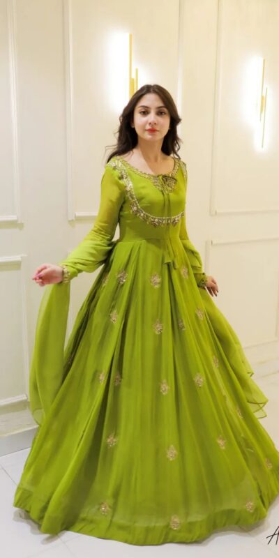 LG 2047 Parrot Green in Color Georgette Embroidery Work Gown . Wedding, Party, Festive, Events Grab it for ₹1949. Delivery 4-6 Working Days. Shop now. | Gowns, Bollywood Gowns, Creative Gowns, Designer Gowns, Embroidered Gowns, Party Wear Gowns