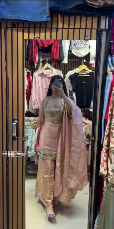 Peach Cosmos Embroidery Mirror Work Salwar Suit