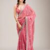 Peach Crunchy Ciffon Embroidery Zari Work Saree