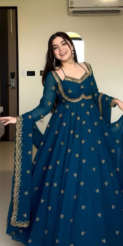 MF 1003 Peacock Blue Georgette Gown. Perfect for Wedding, Party, Pongal, Bridal Wear, Anniversary Price ₹1799. Delivery 4-6 Working Days. Shop now. | Gowns, Bollywood Gowns, Creative Gowns, Designer Gowns, Embroidered Gowns, Party Wear Gowns