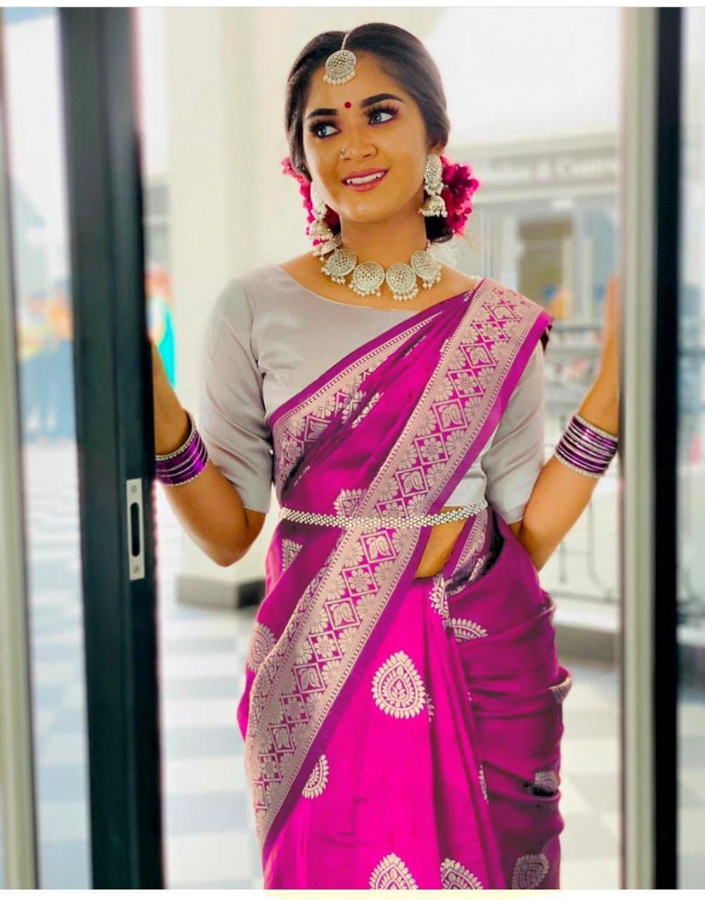 Pink Soft Lichi Silk Lace Work Border Saree - Image 2