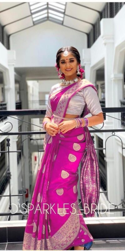 Pink Soft Lichi Silk Lace Work Border Saree