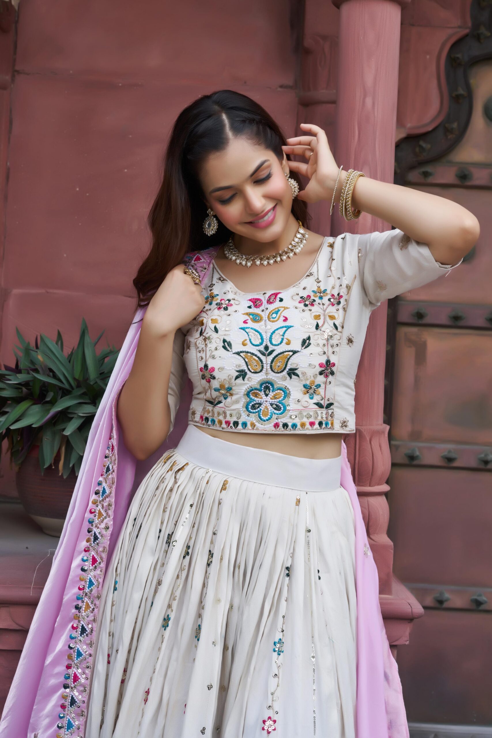 Pink Tissue Silk Thread Embroidery Work Lehenga Choli - Image 3