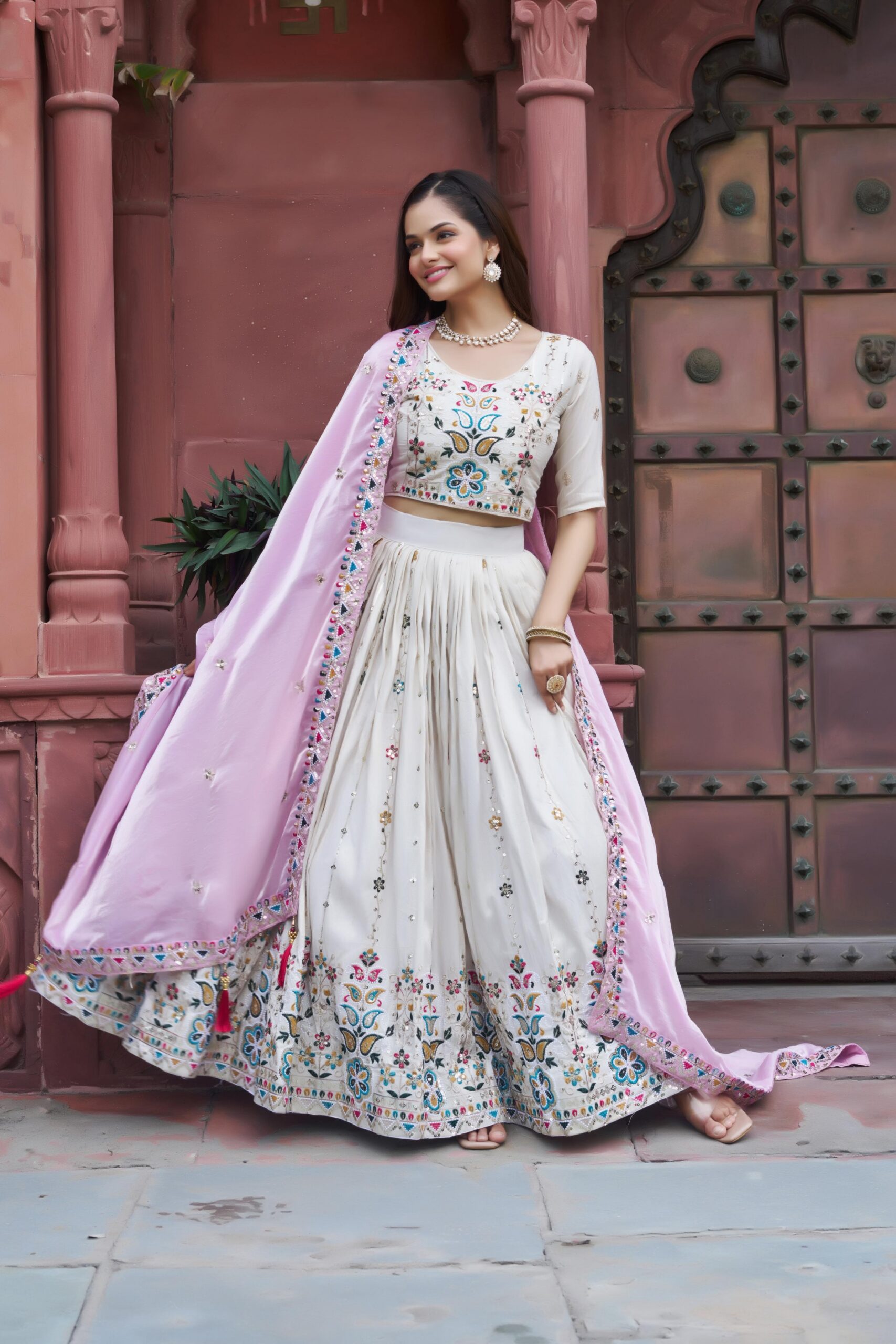 Pink Tissue Silk Thread Embroidery Work Lehenga Choli