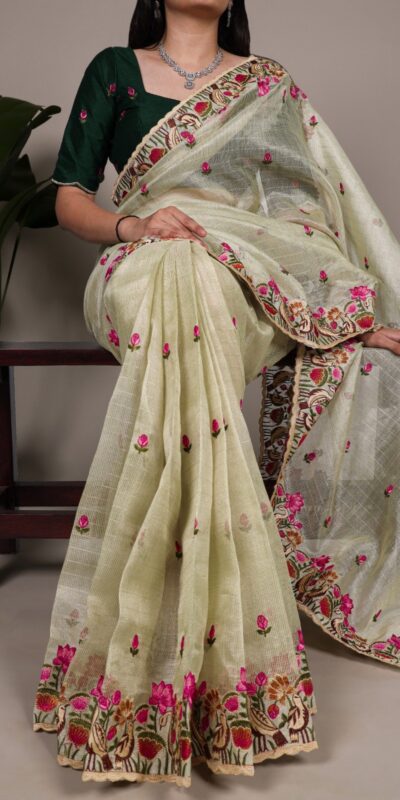 YNF 7400 Pista Zari Kota Tissue Saree Perfect for Wedding, Party, Mehendi, Housewarming, Haldi – . Special Price ₹3299. Delivery 4-6 Working Days. | Designer Sarees, Sarees, Bollywood Sarees, Creative Sarees, Embroidered Sarees, Ethnic Saree, Modern Digital sarees, Party Wear Sarees