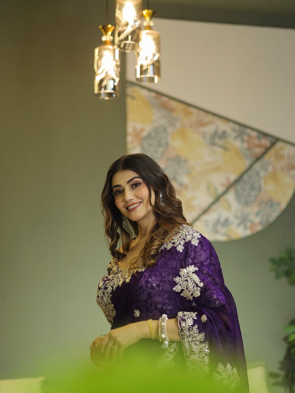 Purple Rangoli Silk Embroidery Cut Work Saree