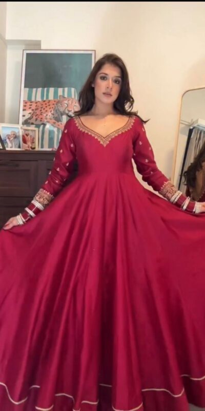 KD 1552 Red Chinon Silk Gown Perfect for Wedding, Party, Family Gatherings, Baisakhi, Baby Shower – . Grab it for ₹1999. Delivery 4-6 Working Days. | Gowns, Bollywood Gowns, Creative Gowns, Designer Gowns, Embroidered Gowns, Party Wear Gowns