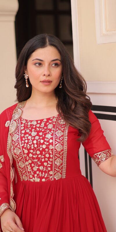 KA 1177 Red in Faux Blooming Embroidery Work & Zari Work Gown . Special Price ₹2049. Delivery 4-6 Working Days. Shop now. | Gowns, Bollywood Gowns, Creative Gowns, Designer Gowns, Embroidered Gowns, Party Wear Gowns