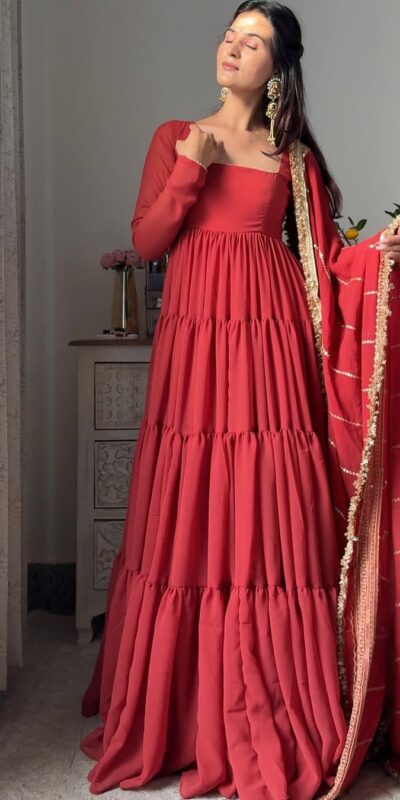 KD 1539 Red Faux Georgette Ruffle Style Gown. Wedding, Party, Festive, Events Grab it for ₹2099. Delivery 4-6 Working Days. Shop now. | Gowns, Bollywood Gowns, Creative Gowns, Designer Gowns, Embroidered Gowns, Party Wear Gowns