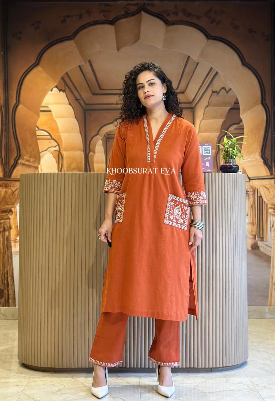 Rust Cambric Cotton Embroidery Lace Work Kurti - Image 2