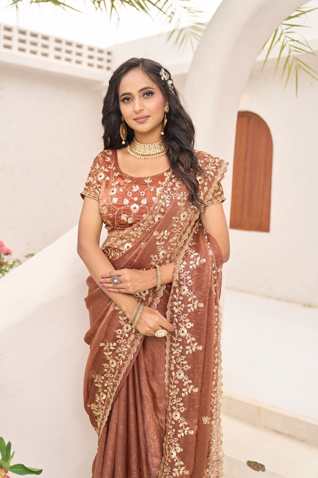 Rust Fandy Chiffon Embroidery Cut Work Saree - Image 3