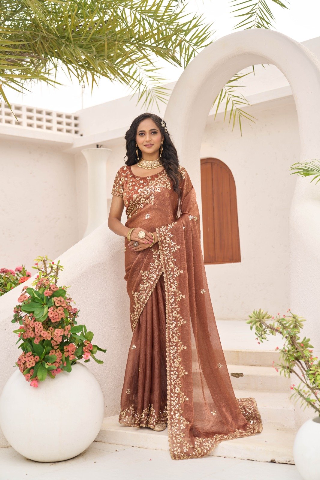 Rust Fandy Chiffon Embroidery Cut Work Saree