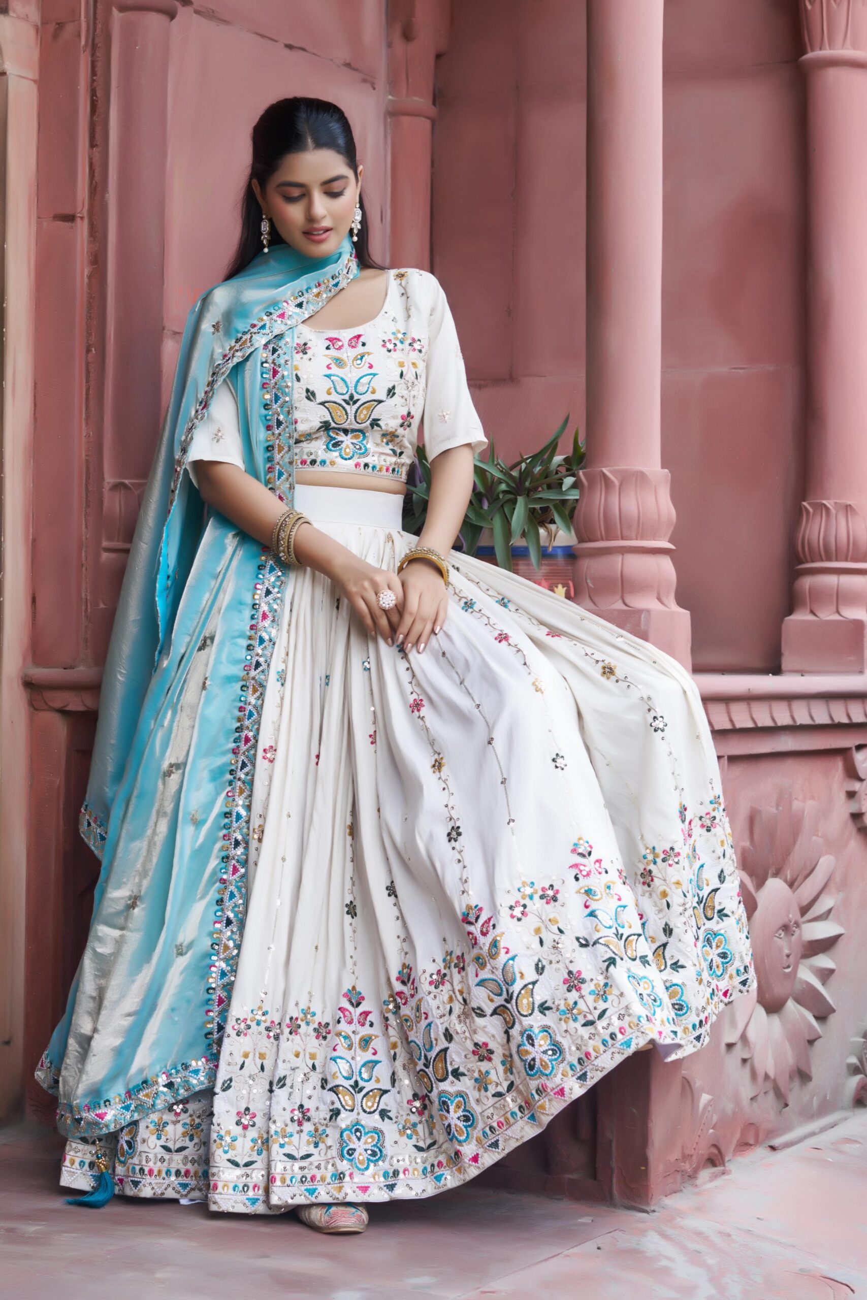 Sky Blue Tissue Silk Thread Embroidery Work Lehenga Choli - Image 6