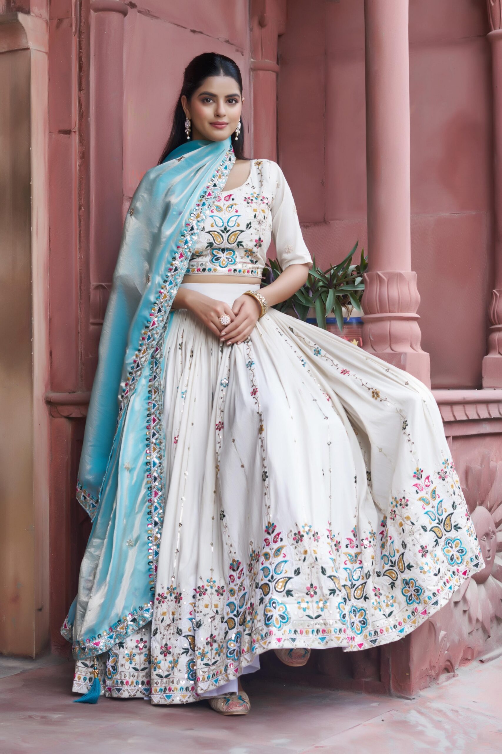 Sky Blue Tissue Silk Thread Embroidery Work Lehenga Choli - Image 3