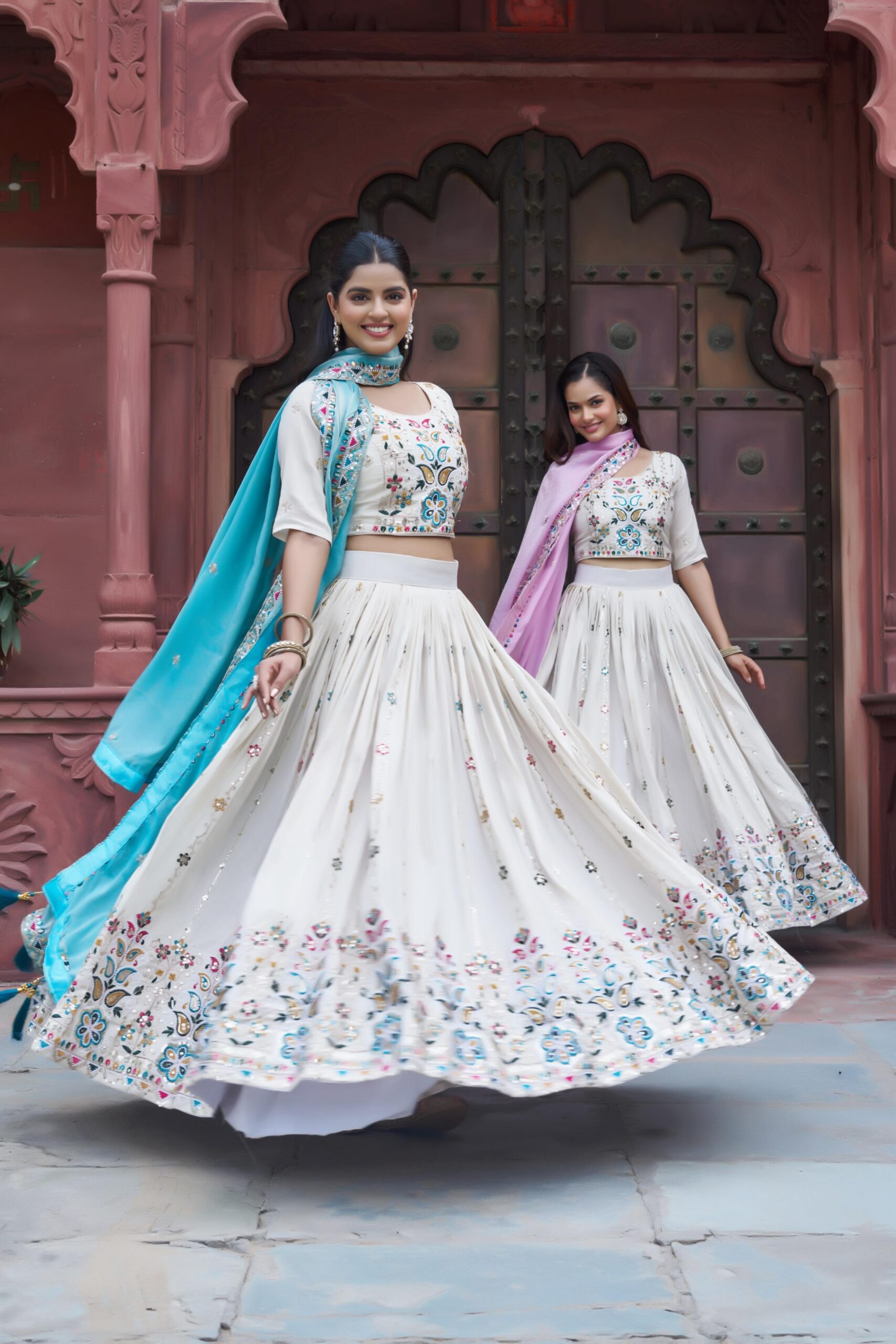 Sky Blue Tissue Silk Thread Embroidery Work Lehenga Choli - Image 2