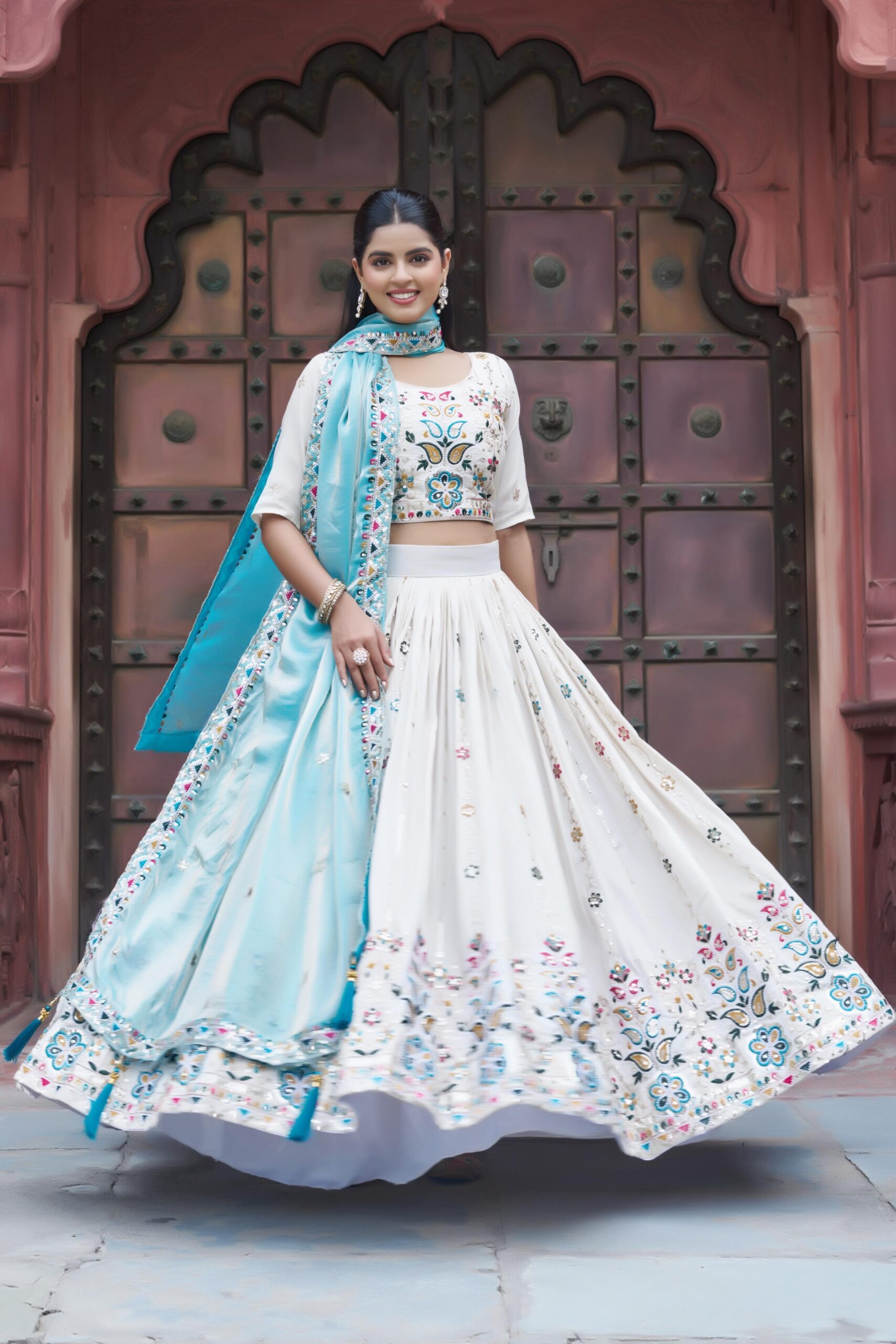 Sky Blue Tissue Silk Thread Embroidery Work Lehenga Choli