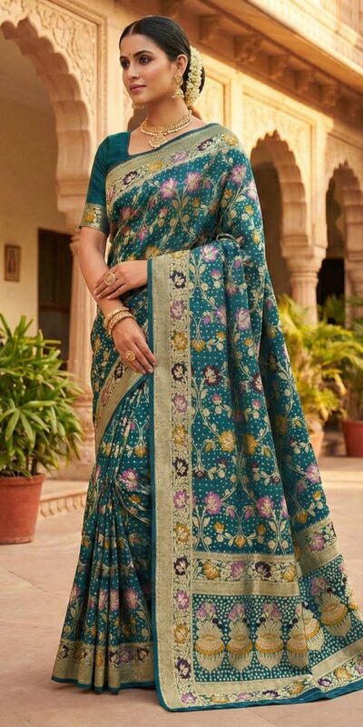 Teal Banarasi Silk Zari Work All Over Saree