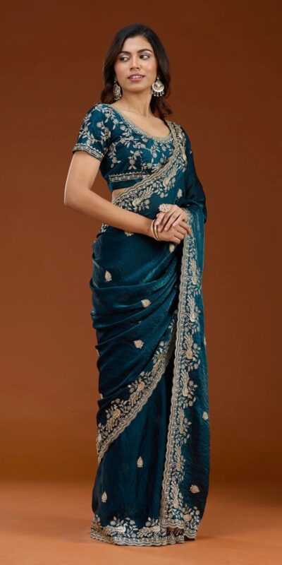 E BT 438 Teal in Fandy Satin Silk mbroidery Work & Zari Work Saree. Special Price ₹1949. Delivery 4-6 Working Days. Shop now. | Designer Sarees, Embroidered Sarees, Sarees, Bollywood Sarees, Creative Sarees, Ethnic Saree, Modern Digital sarees, Party Wear Sarees