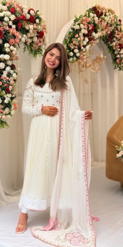 ZF 426 White Georgette Gown Perfect for Wedding, Party, Eid, Festival Celebrations, Haldi – . Introductory Price ₹1849. Delivery 4-6 Working Days. | Gowns, Bollywood Gowns, Creative Gowns, Designer Gowns, Embroidered Gowns, Party Wear Gowns