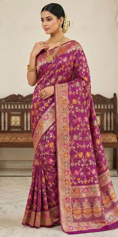 Wine Banarasi Silk Zari Work All Over Saree