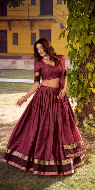 LNB 1900 Wine Color Chettinad Cotton Chex Zari Work Lehenga Choli . Now at just ₹3249. Delivery 4-6 Working Days. Shop now. | Lehenga, Bollywood Lehenga, Creative Lehenga, Designer Lehenga, Embroidered Lehenga, Party Wear Lehenga