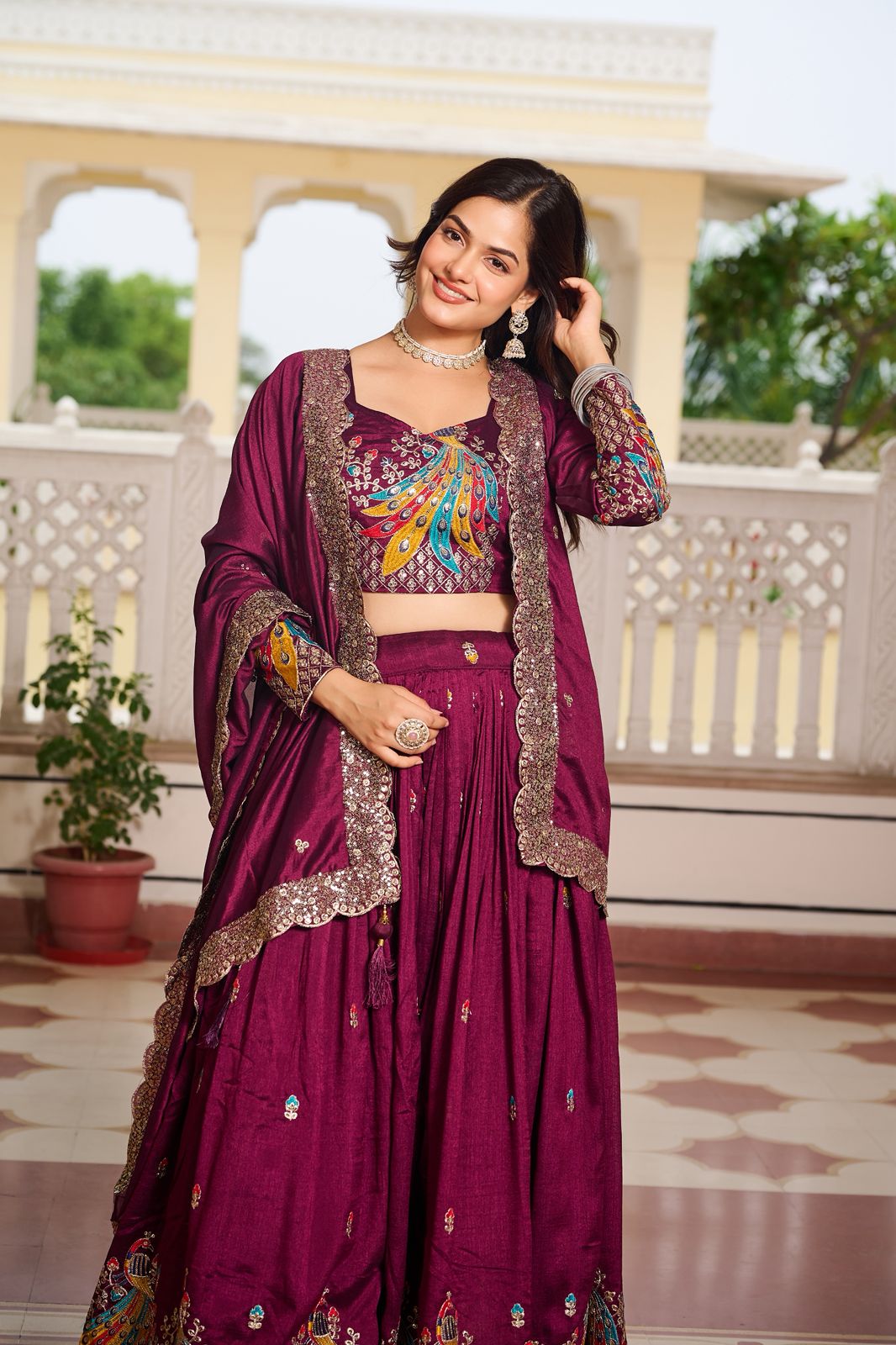 Wine Vichitra Embroidery Work Lehenga Choli - Image 6