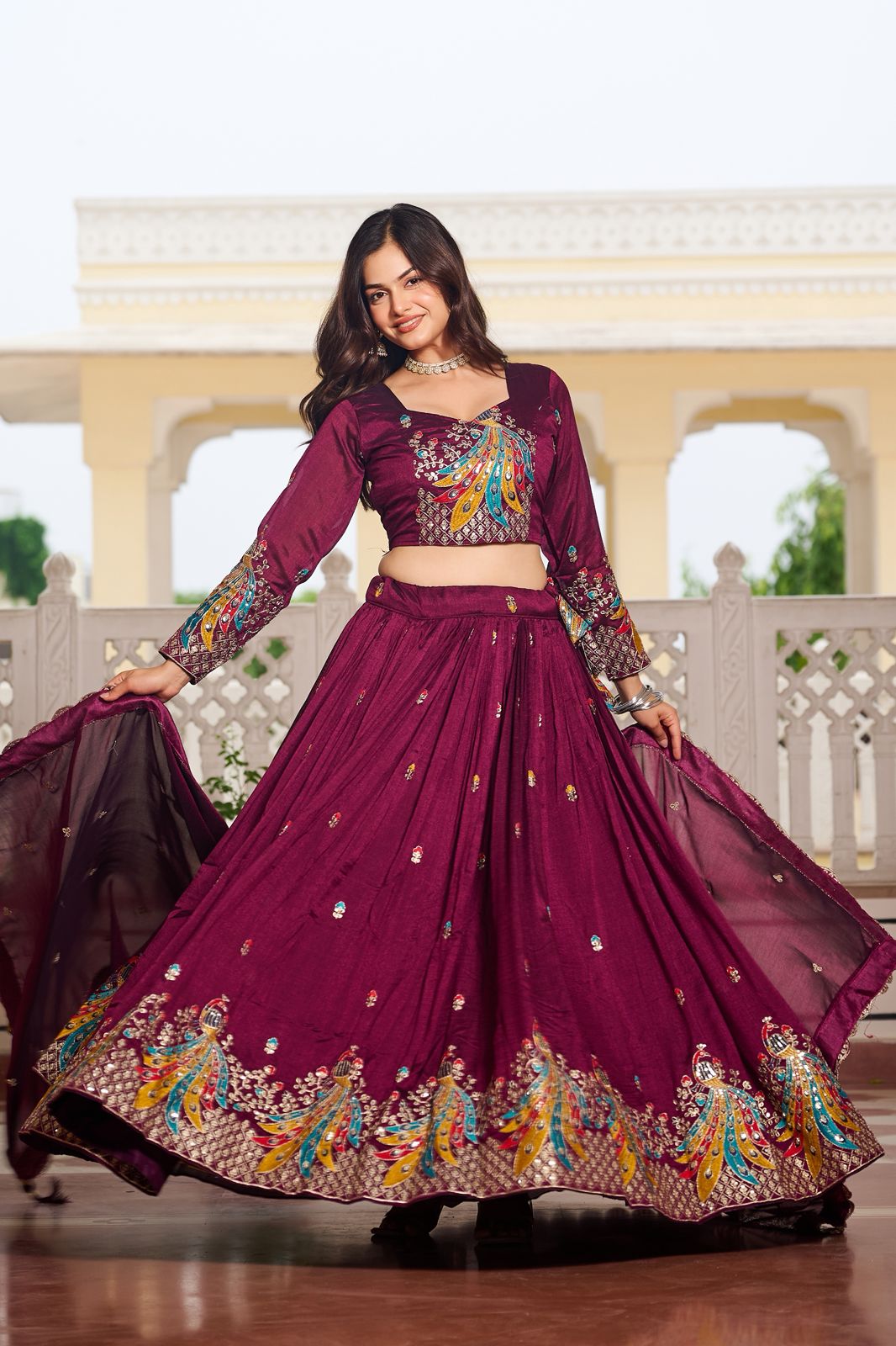 Wine Vichitra Embroidery Work Lehenga Choli - Image 4