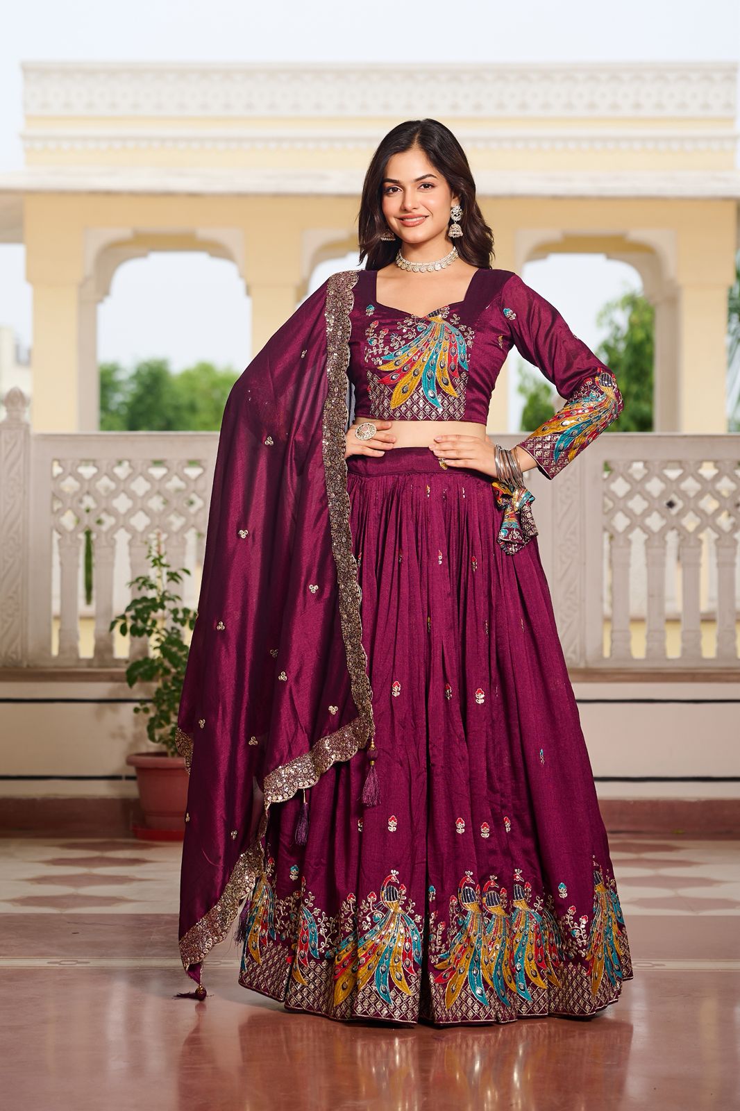 Wine Vichitra Embroidery Work Lehenga Choli - Image 3