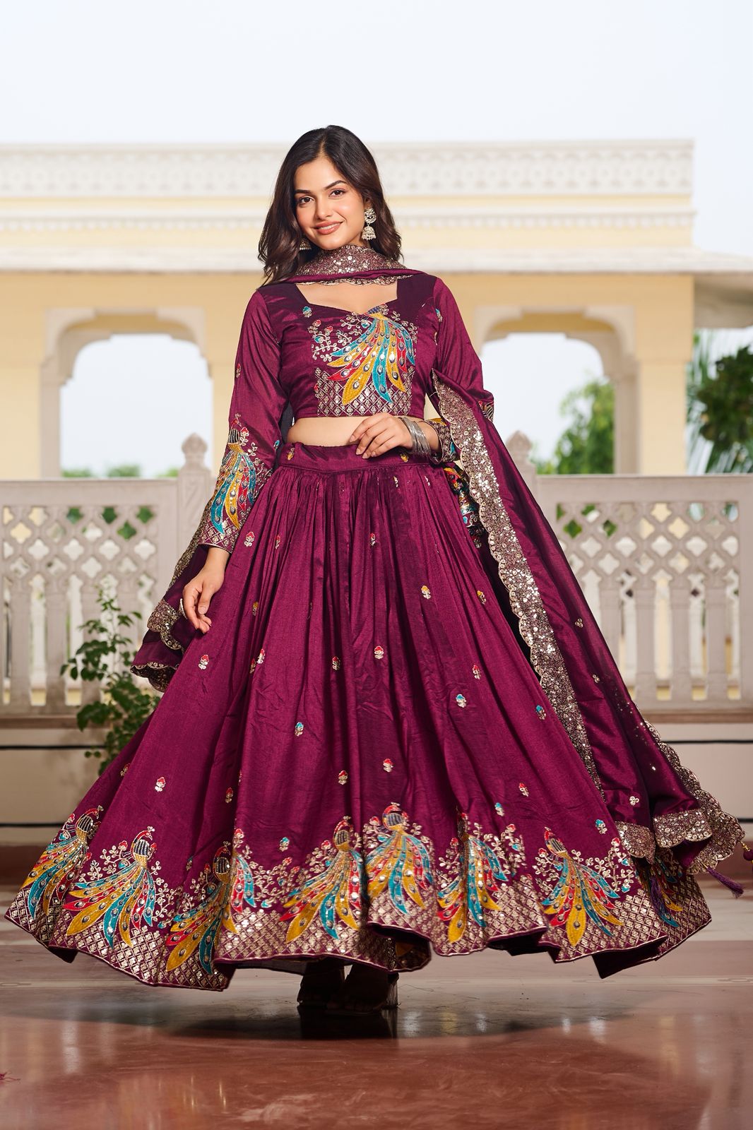 Wine Vichitra Embroidery Work Lehenga Choli