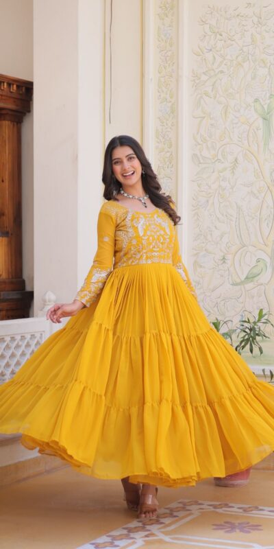 Ram 083 Yellow Fox Georgette Sequence Work Gown . Wedding, Party, Festive, Events Grab it for ₹1749. Delivery 4-6 Working Days. Shop now. | Gowns, Bollywood Gowns, Creative Gowns, Designer Gowns, Embroidered Gowns, Party Wear Gowns