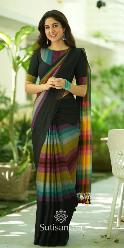 Black Soft Cotton With Digital Print Saree