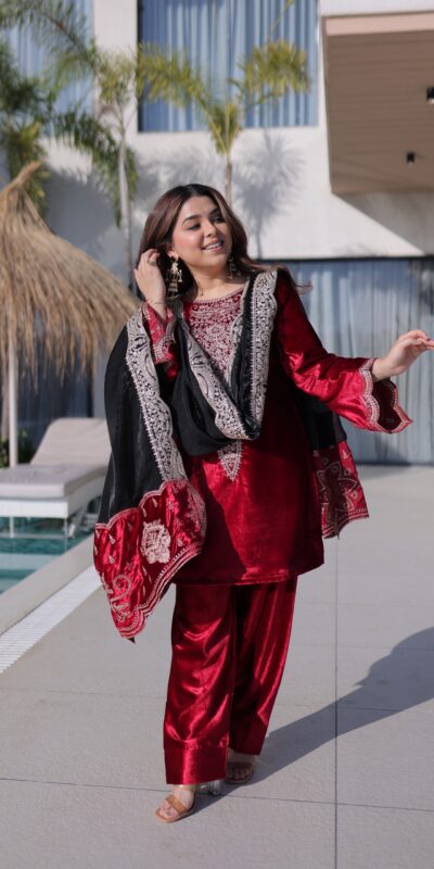 Red Ice Velvet Embroidery Zari Work Salwar Suit