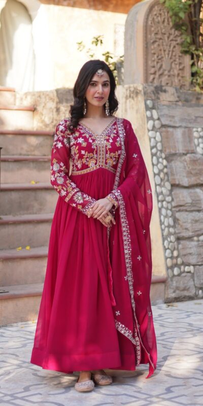Red Faux Blooming Sequins Zari Work Gown