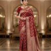 Red Litchi Silk Embroidery Lace Work Saree