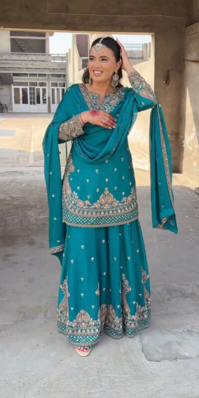 Firozi Chinon Silk Embroidery Work Salwar Suit