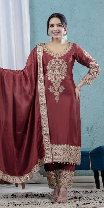 Rust Chinon Silk Lace Embroidery Work Salwar Suit