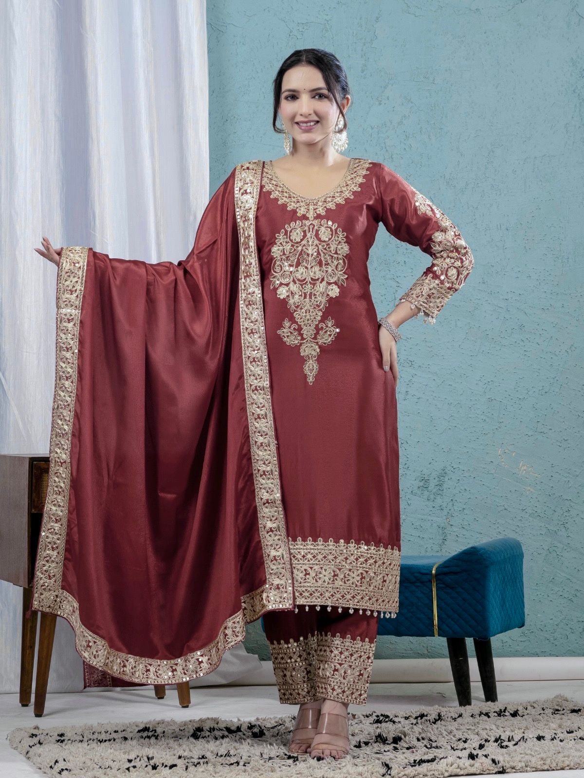 Rust Chinon Silk Lace Embroidery Work Salwar Suit