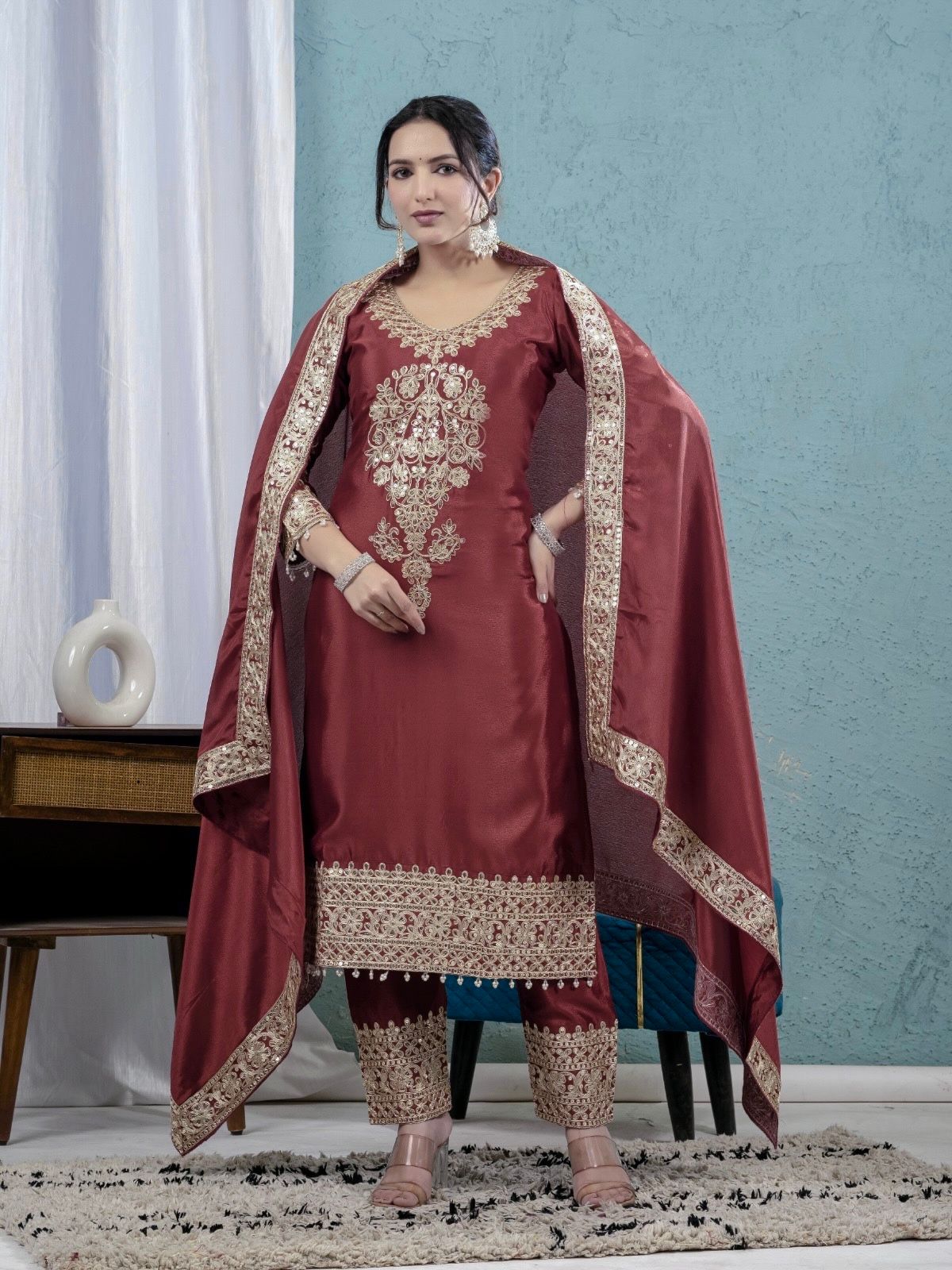Rust Chinon Silk Lace Embroidery Work Salwar Suit - Image 2