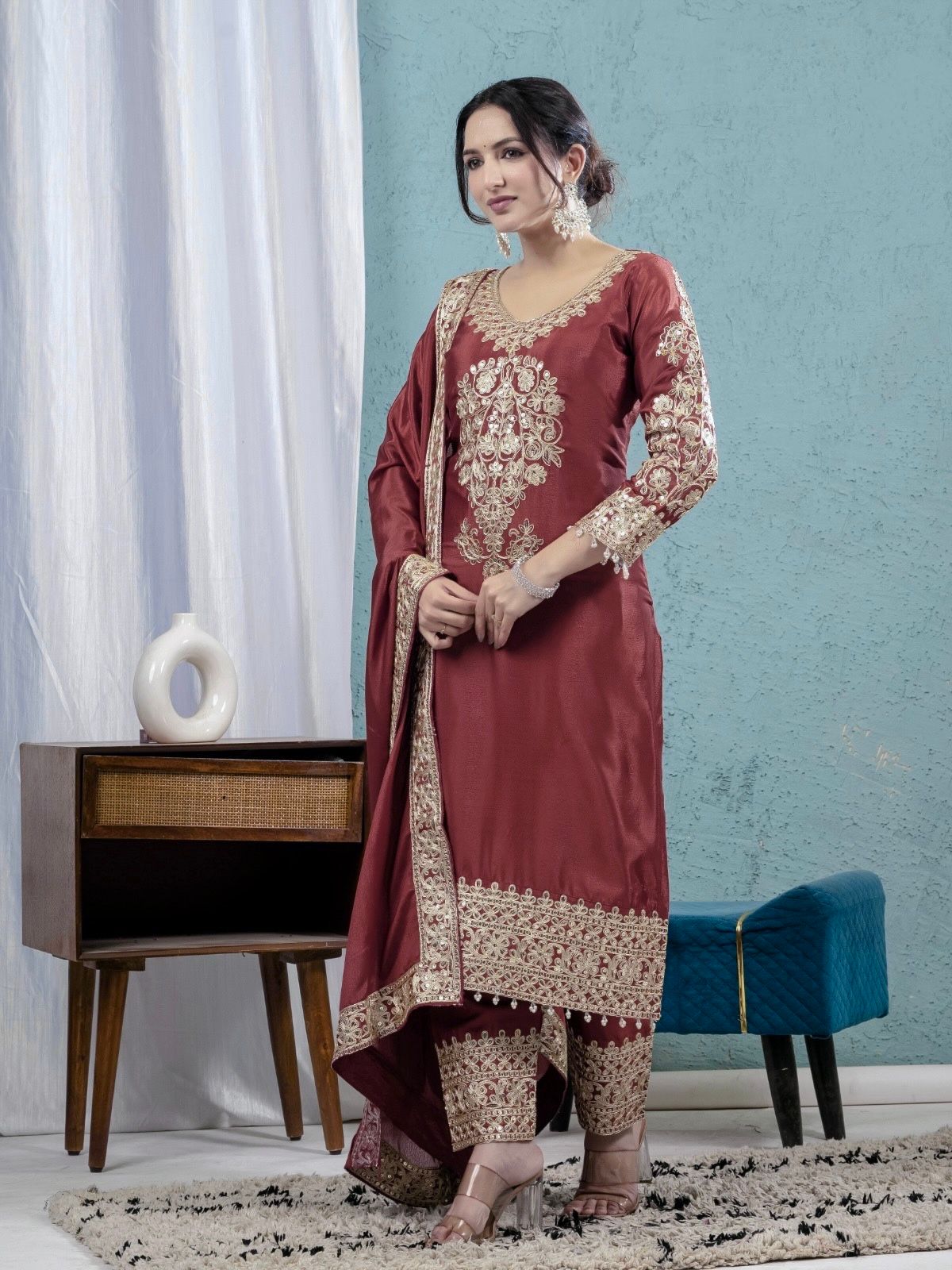 Rust Chinon Silk Lace Embroidery Work Salwar Suit - Image 4