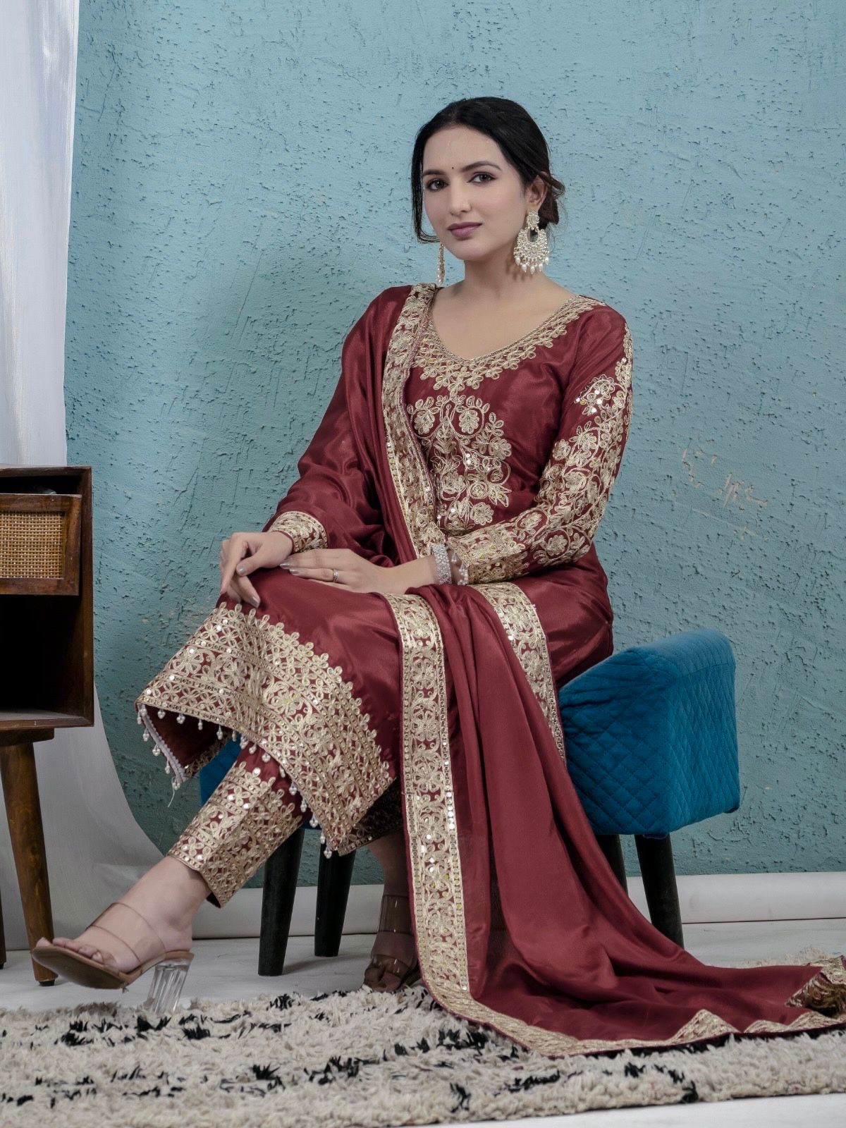 Rust Chinon Silk Lace Embroidery Work Salwar Suit - Image 6