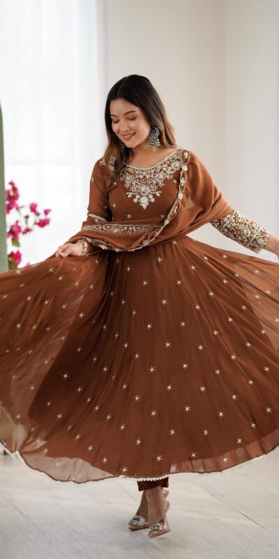 Brown Blooming Faux Embroidery Work Gown