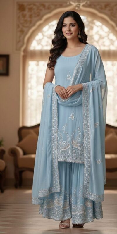 Sky Blue Peach Georgette Embroidery Work Salwar Suit