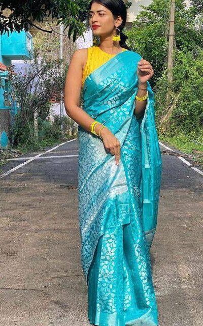 Sky Blue Lichi Silk Lace Work Border Saree