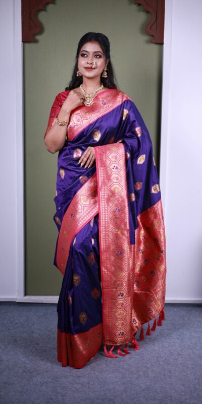Royal Blue Soft Paithani Silk Zari Lace Work Saree