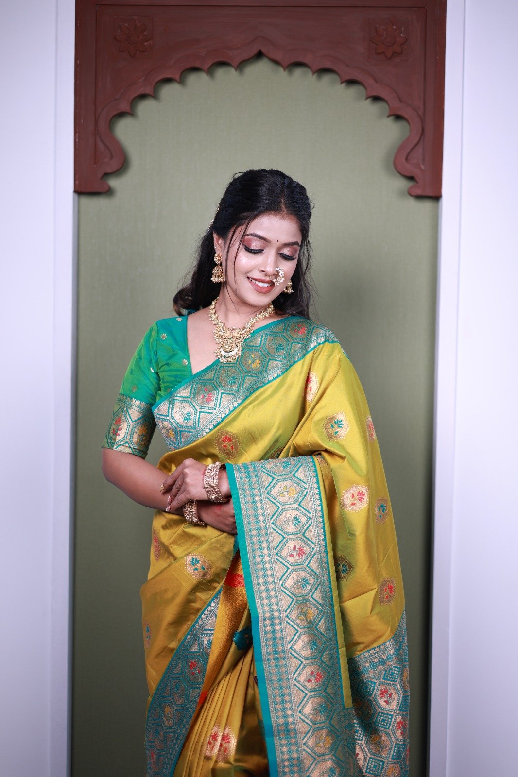 Lime Yellow Soft Paithani Silk Zari Lace Work Saree