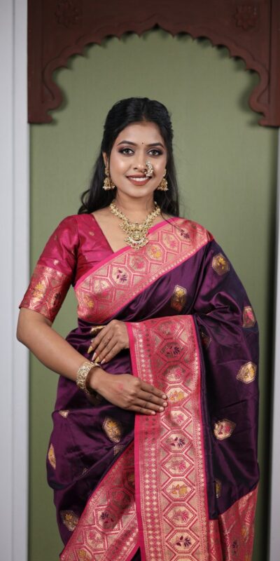 Wine Soft Paithani Silk Zari Lace Work Saree