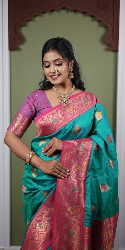 Firozi Soft Paithani Silk Zari Lace Work Saree