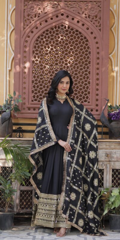 Black Star Georgette Zari Embroidery Work Gown