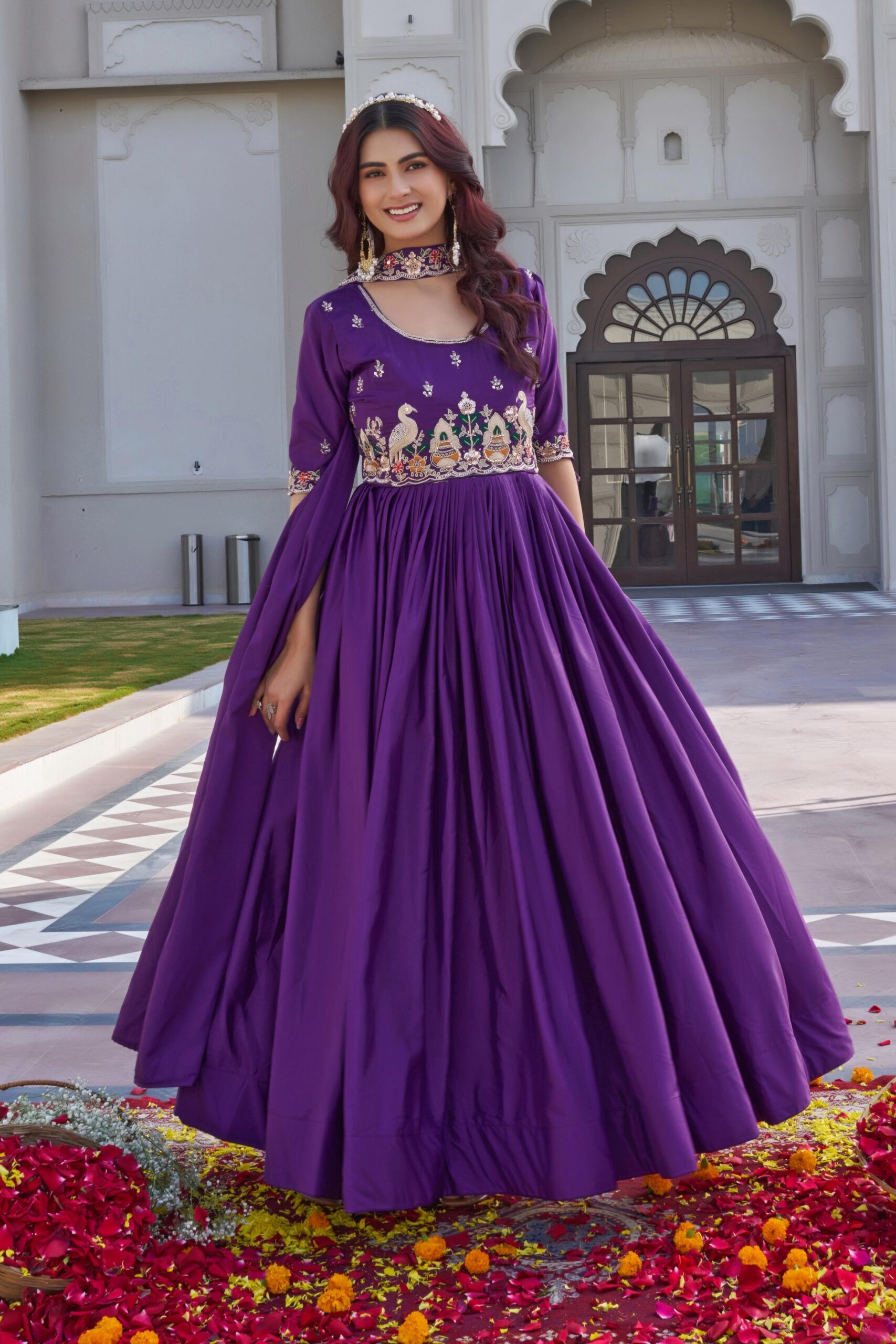 Purple Crap Silk Embroidery Work Gown - Image 2