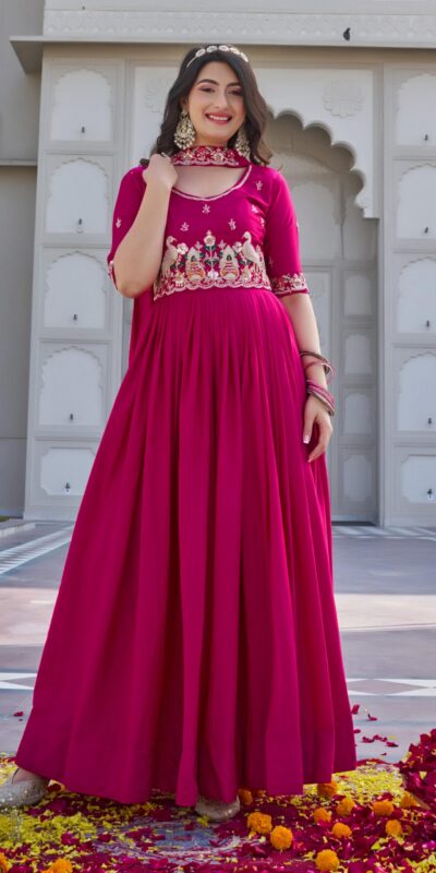 Pink Crap Silk Embroidery Work Gown